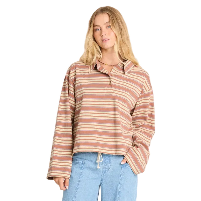 Billabong Women's Sugar Stripe LS Polo in Sugar Almond front view