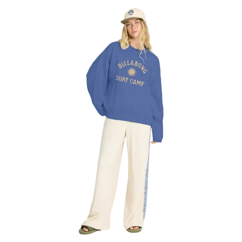 Front view of Billabong Women’s Surf Camp Heritage Graphic Sweatshirt in True Navy