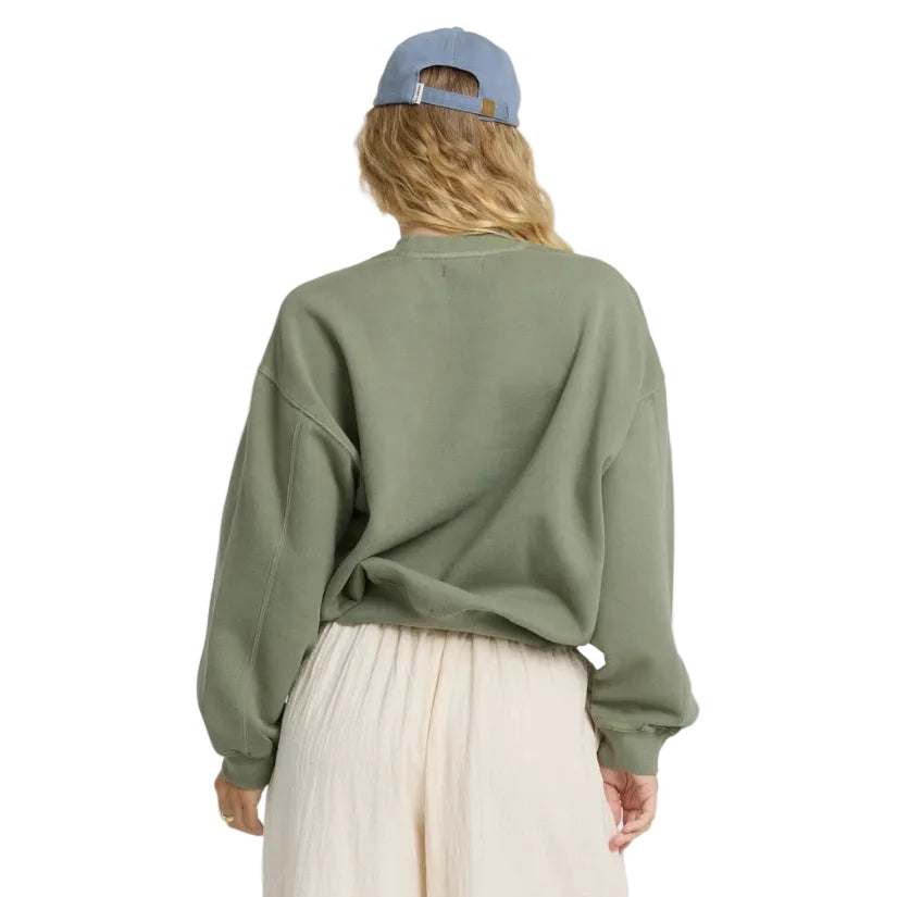 Billabong women’s Vibes Kendal Crewneck Sweatshirt in Army Green back view