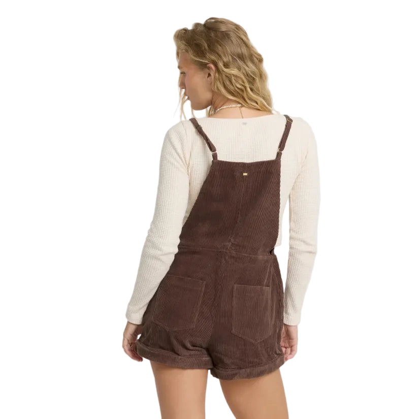 Back view of Billabong Women’s Wild Pursuit Corduroy Overall Romper in Teak