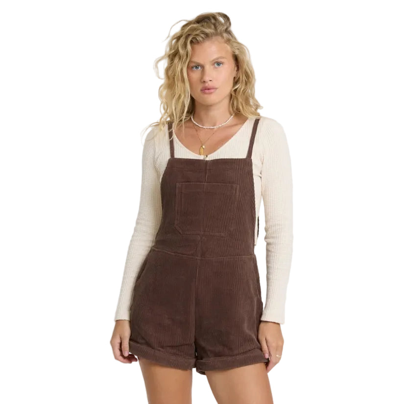 Front view of Billabong Women’s Wild Pursuit Corduroy Overall Romper in Teak