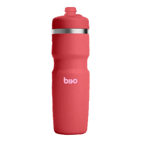 Candy red water bottle with silver cap and 'bivo' logo on a white background