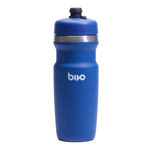 Blue water bottle with black cap on a white background