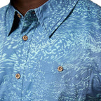 Closeup of the Waves Steel Blue fabric pattern on the Cotopaxi Estival Button Up Shirt