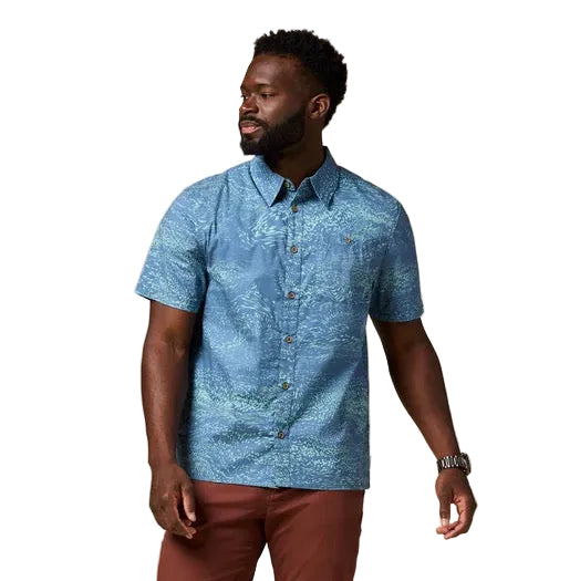 Cotopaxi Estival Button Up Shirt in Waves Steel Blue front view featuring an all-over wave-inspired print