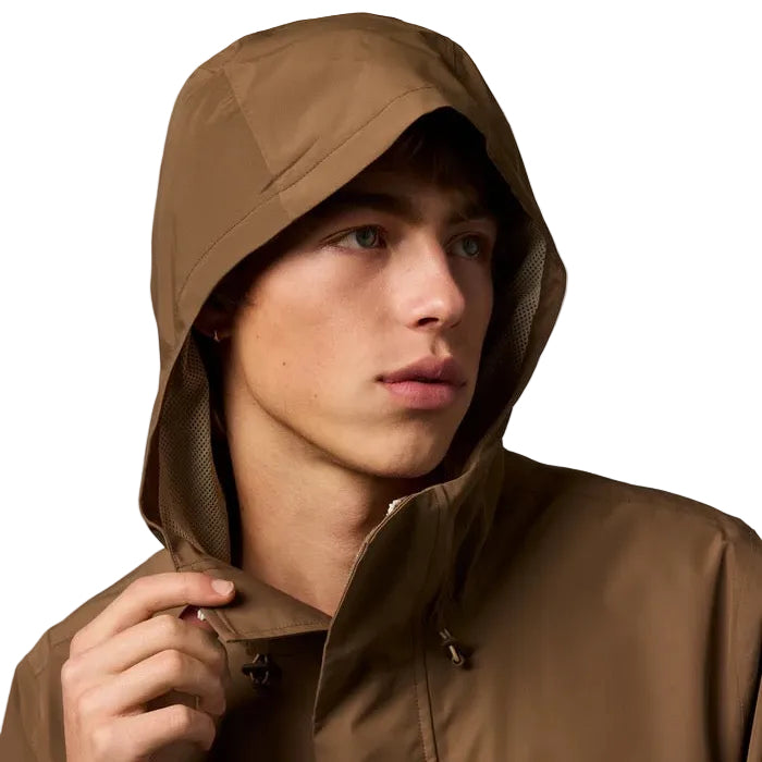 Cotopaxi men’s Rayu Rain Jacket in Dune and Khaki hood detail view