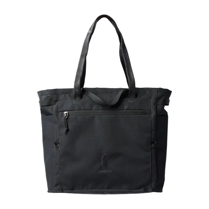Black tote bag with a visible brand logo on a light gray background