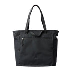 Black tote bag with a visible brand logo on a light gray background