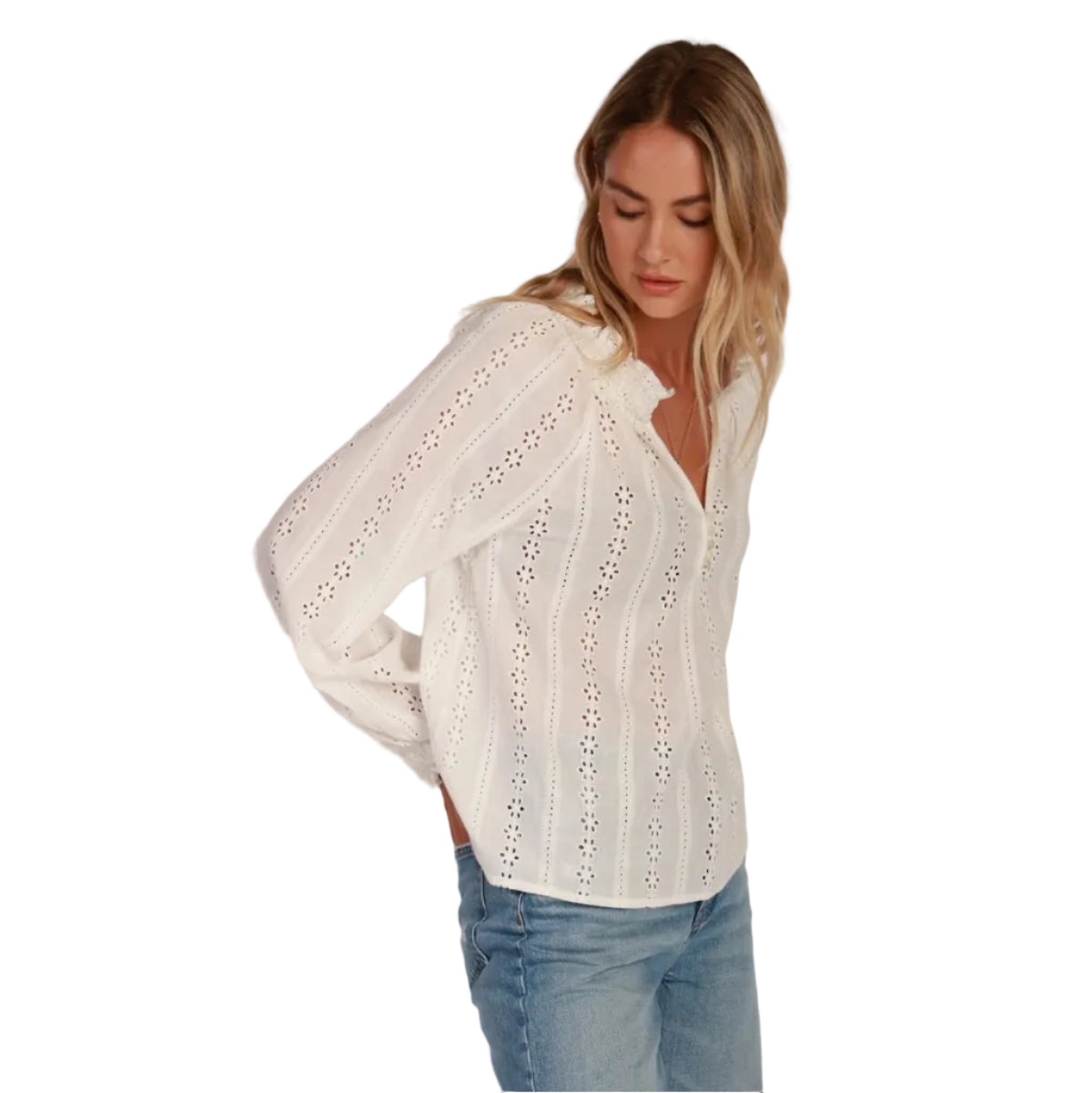 Side view of Dylan Talia Blouse in White with relaxed popover fit
