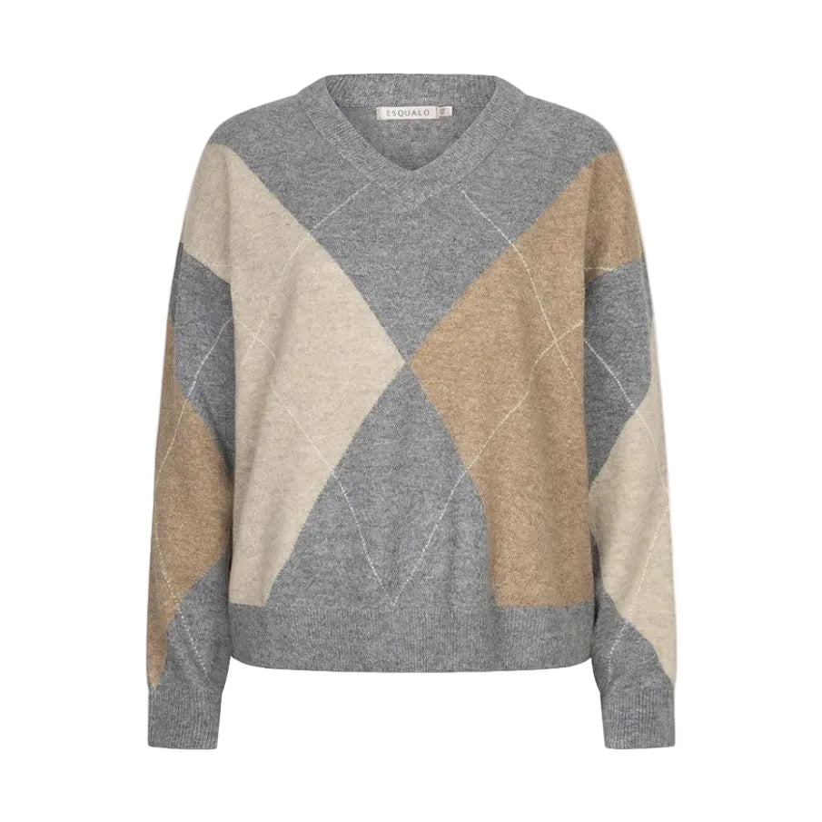 EsQualo Argyle Sweater in Print front view with multicolor diamond pattern, V-neck and long sleeves