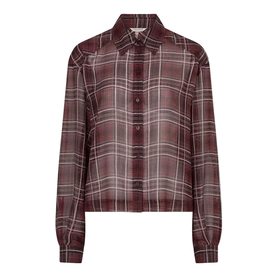 EsQualo Autumn Check Short Blouse in Print front view with burgundy, gray and white plaid, button front and long sleeves