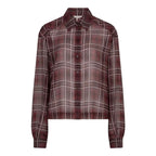 EsQualo Autumn Check Short Blouse in Print front view with burgundy, gray and white plaid, button front and long sleeves