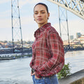 EsQualo Autumn Check Short Blouse in Print modeled with jeans in burgundy, gray and white plaid