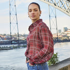 EsQualo Autumn Check Short Blouse in Print modeled with jeans in burgundy, gray and white plaid