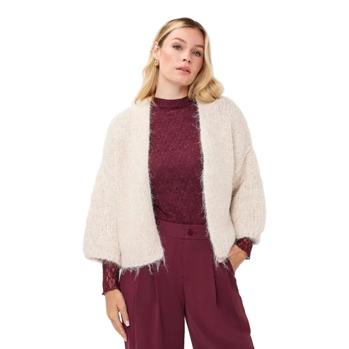 EsQualo Balloon Sleeve Cardigan in Biscuit front view with open front, fluffy knit texture and 3/4 sleeves
