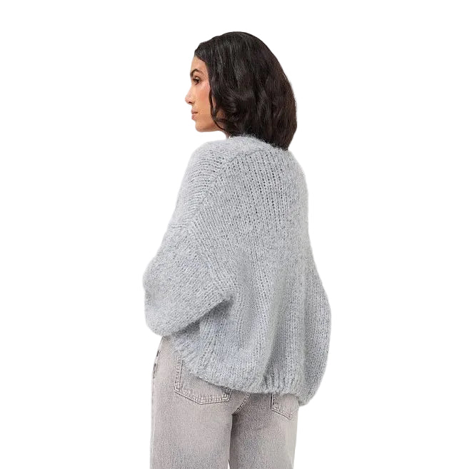 EsQualo Balloon Sleeve Cardigan in Light Grey back view showing the soft fluffy knit and relaxed silhouette