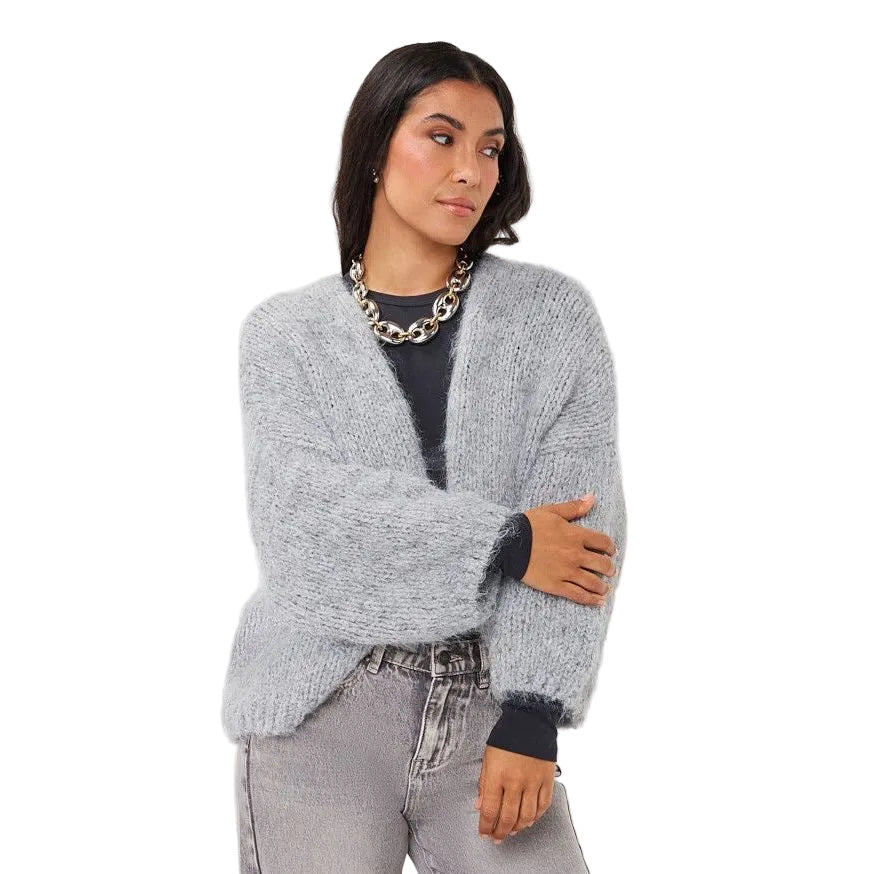 EsQualo Balloon Sleeve Cardigan in Light Grey front view with open front, fluffy knit texture and 3/4 sleeves