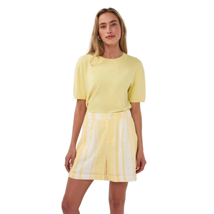 Esqualo Basic Knit Short Sleeve Sweater in Lemon front view showcasing the classic knit silhouette and vibrant color