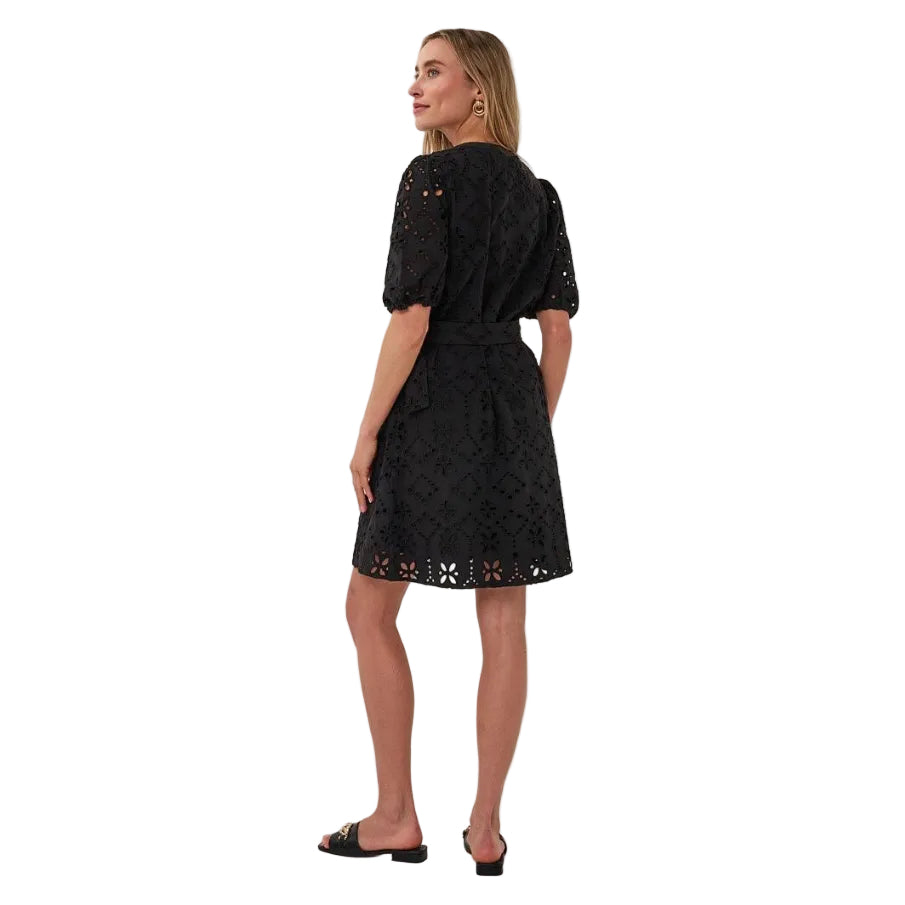 Back view of EsQualo Broderie Anglaise Dress in Black