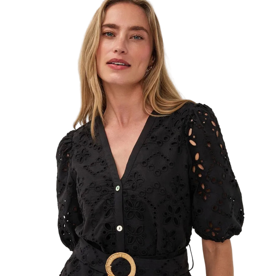 Front close view of EsQualo Broderie Anglaise Dress in Black