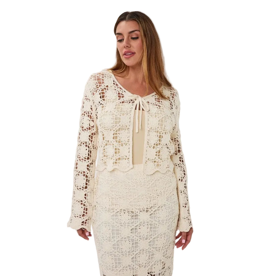 Esqualo Cardigan Tape in Natural front view showing textured cotton knit and button-front design