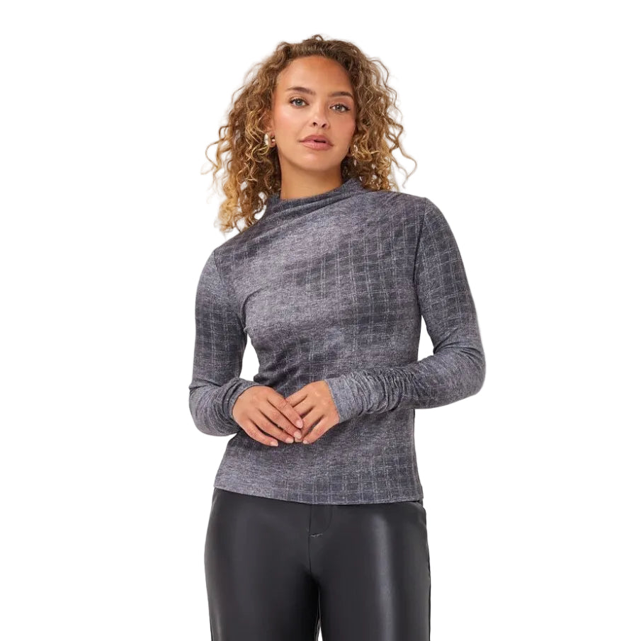 EsQualo Check Print Top in Print front view with subtle all-over check pattern