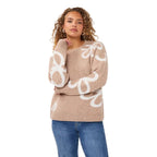 EsQualo Crew Sweater Intarsia in Sand Melange front view with oversized white floral pattern and ribbed trim