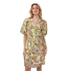 Close-up of the Esqualo Dress Jungle Print highlighting the colorful tropical print and lightweight fabric