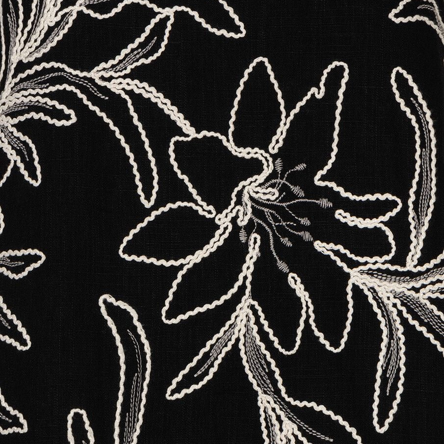 Close-up of the Esqualo Flower Embroidery Dress in Black highlighting the intricate floral embroidery and textured fabric
