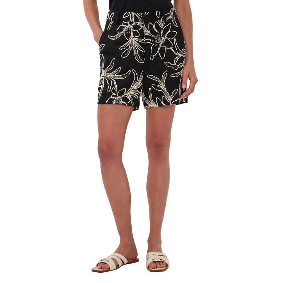 Close-up of Esqualo Flower Embroidery Shorts in Black highlighting the intricate floral embroidery details