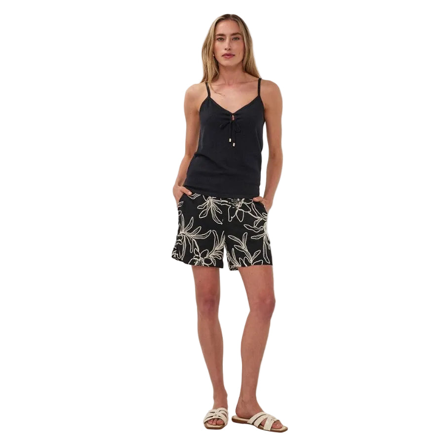Esqualo Flower Embroidery Shorts in Black front view featuring embroidered floral accents and relaxed styling full body model