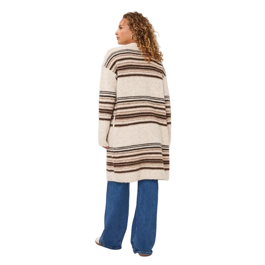 EsQualo Horizontal Stripe Cardigan in Biscuit Melange back view