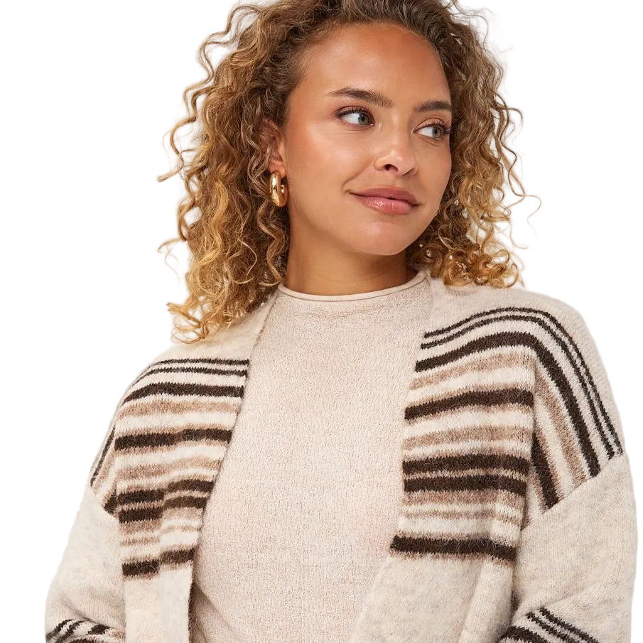 EsQualo Horizontal Stripe Cardigan in Biscuit Melange detail view