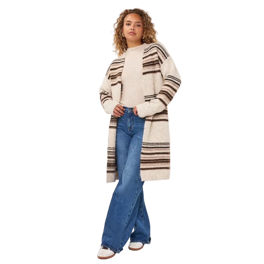 EsQualo Horizontal Stripe Cardigan in Biscuit Melange front view