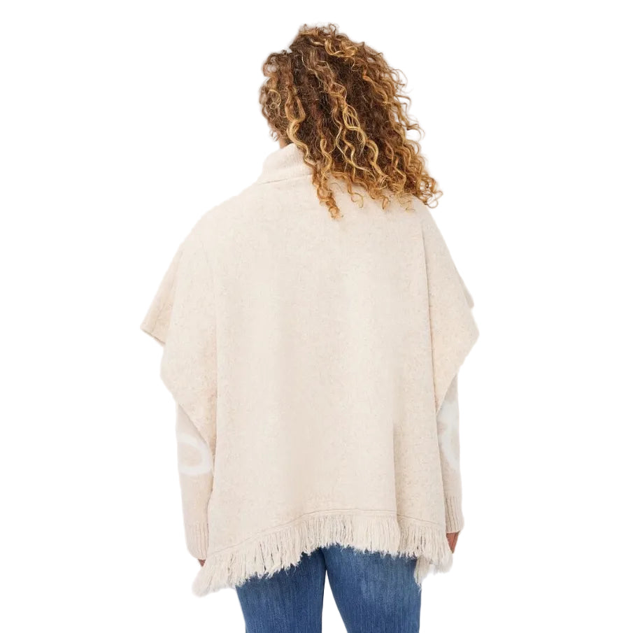 EsQualo Knit Turtleneck Poncho in Biscuit back view with relaxed draped silhouette and fringe hem