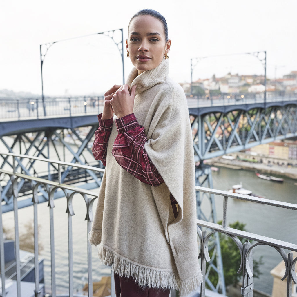 Woman wearing EsQualo Knit Turtleneck Poncho in Biscuit with jeans, showing the relaxed front fit
