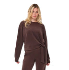 EsQualo Knot Detail Modal Sweater in Biscuit front view with round neckline, long sleeves and statement knot detail