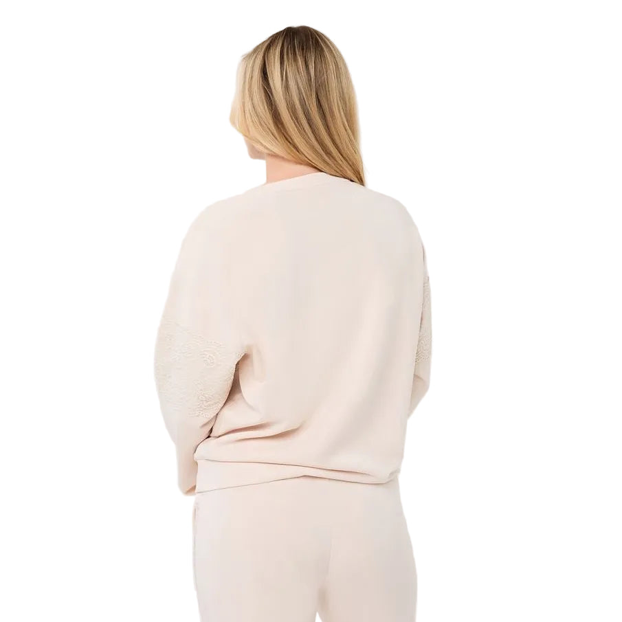 EsQualo Lace Modal Sweater in Biscuit back view showing the relaxed balloon silhouette and long sleeves