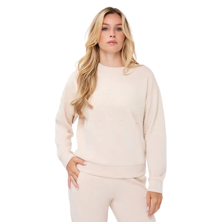 EsQualo Lace Modal Sweater in Biscuit front view with round neckline and lace panels across the chest and sleeves