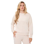 EsQualo Lace Modal Sweater in Biscuit front view with round neckline and lace panels across the chest and sleeves