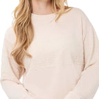 Close-up of EsQualo Lace Modal Sweater in Biscuit showing the delicate lace panel and soft stretch fabric