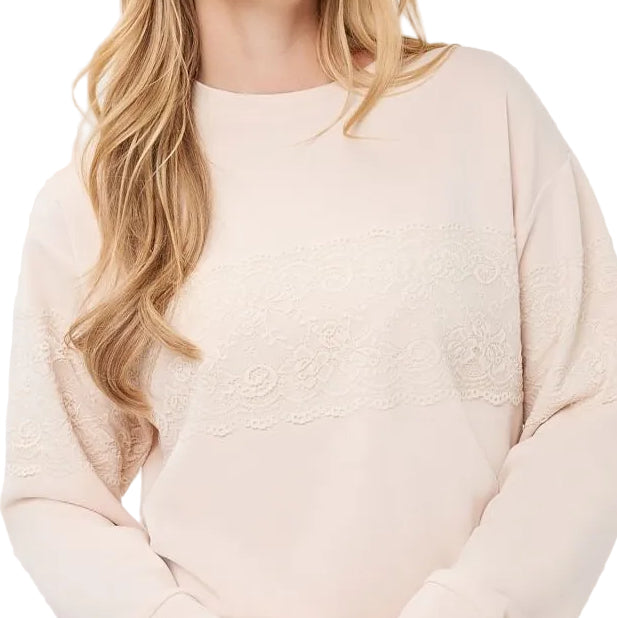 Close-up of EsQualo Lace Modal Sweater in Biscuit showing the delicate lace panel and soft stretch fabric