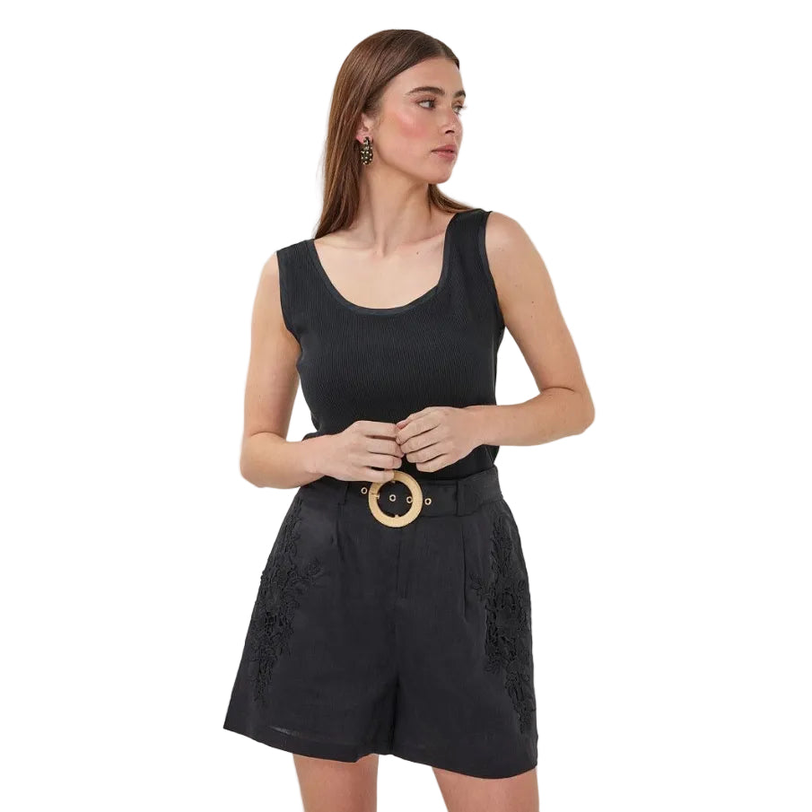Esqualo Satin Binding Rib Knit Singlet Black front view