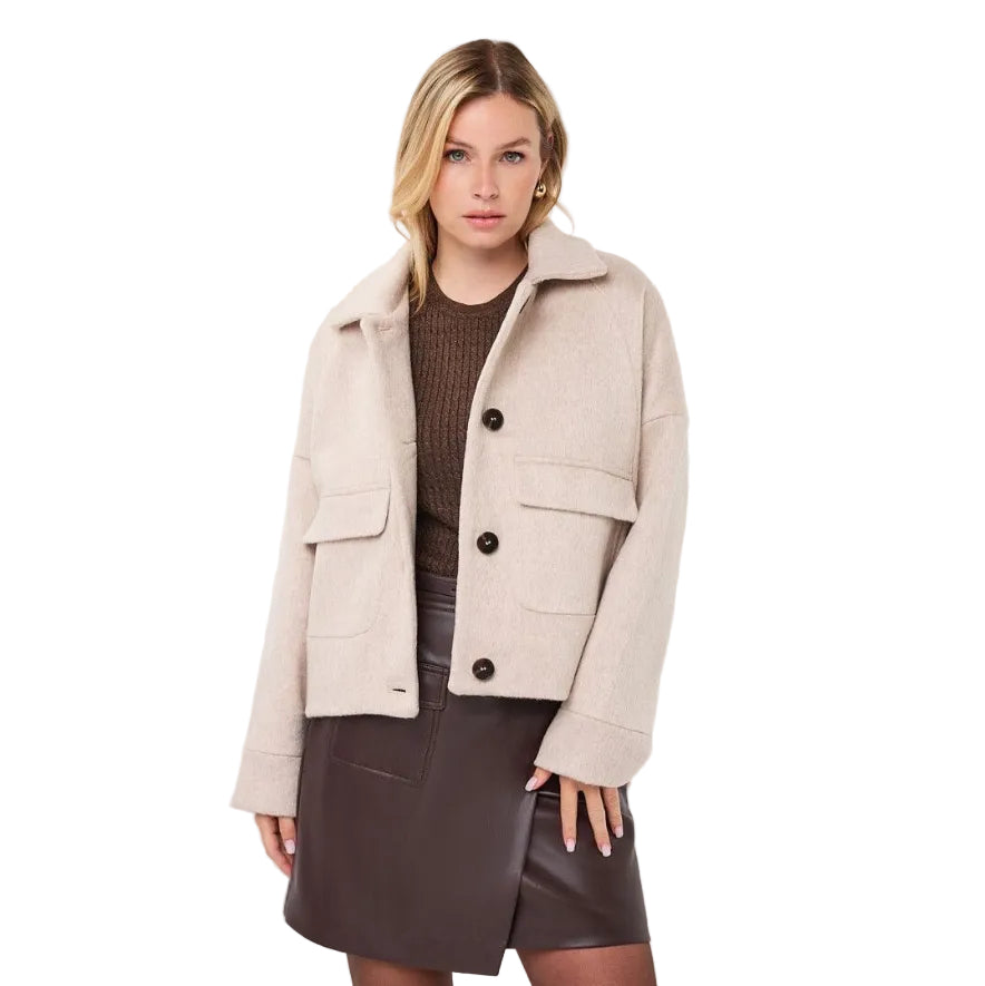 EsQualo Short Coat in Biscuit front view with lapel collar, long sleeves and chest pockets on model