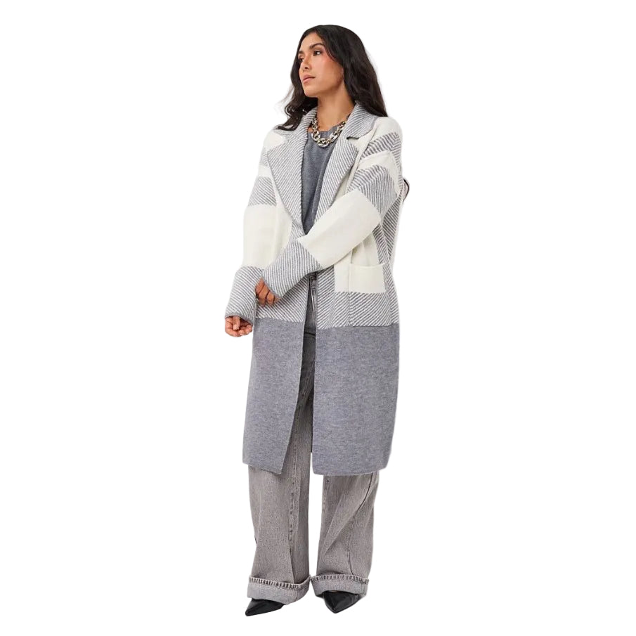 EsQualo Stripe Cardigan in Grey Melange front view