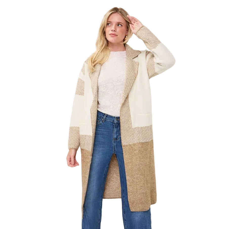 EsQualo Stripe Cardigan in Sand Melange front view