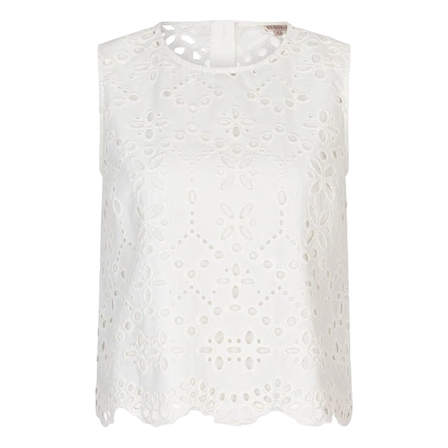Close-up of the Esqualo Top Broderie Anglaise in White highlighting the intricate embroidered eyelet detailing