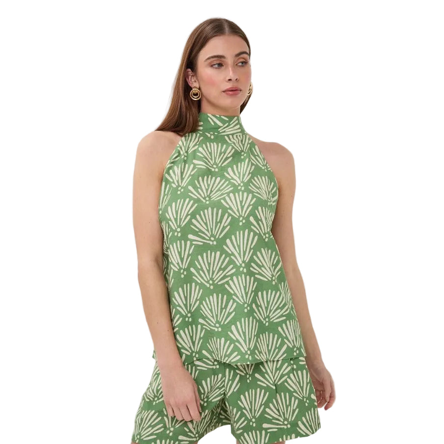 Close-up of the Esqualo Tropical Print Top highlighting the colorful tropical pattern and lightweight fabric