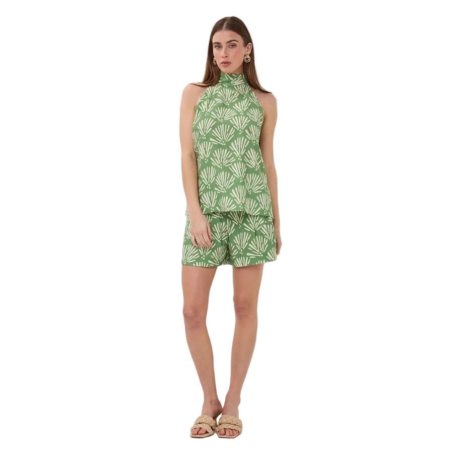 Esqualo Tropical Print Top front view showcasing the vibrant tropical print and flattering silhouette