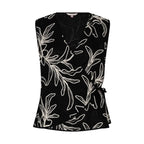 Close-up of the Esqualo Wrap Over Flower Top in Black highlighting the floral detailing and textured viscose-linen fabric